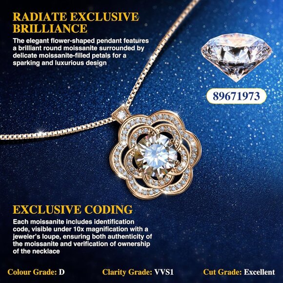 Elegant Moissanite Silver Necklace for Women 2 Carat Rosegold Flower Jewelry - Picture 2 of 7